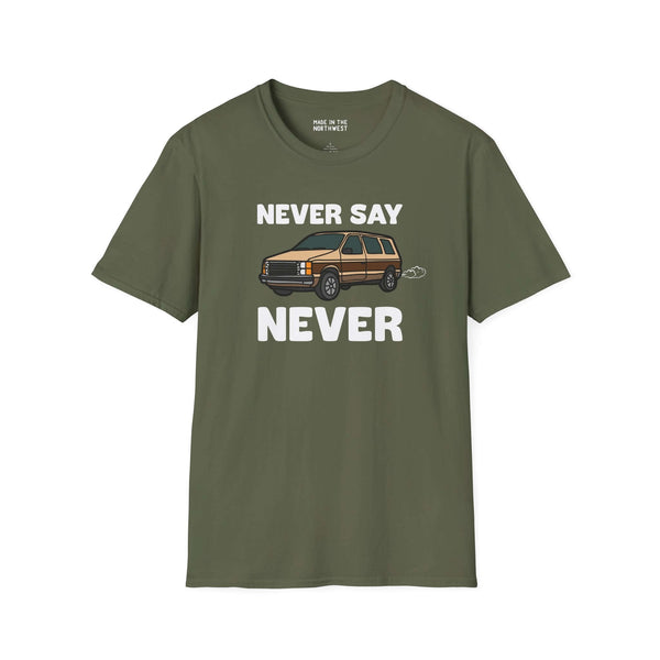 Never Say Never Vintage Van Softstyle T-Shirt featuring a Dodge Caravan graphic in olive green.