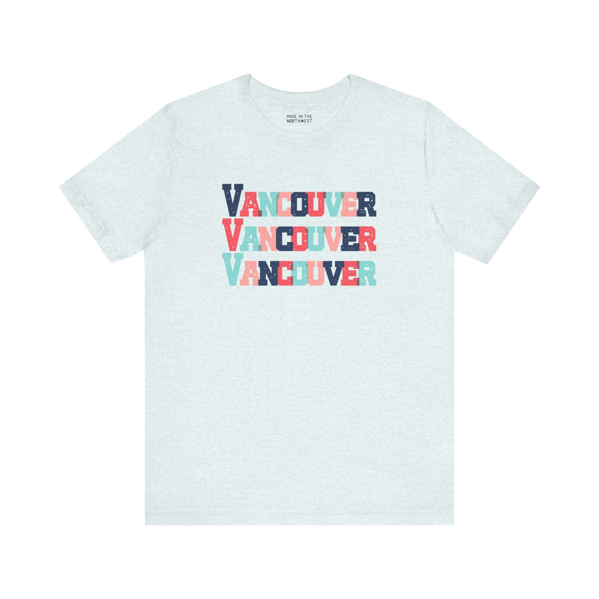 Bold and Bright Vancouver Trio Soft Tee with colorful block-letter design, perfect for showcasing city pride and vibrant style.