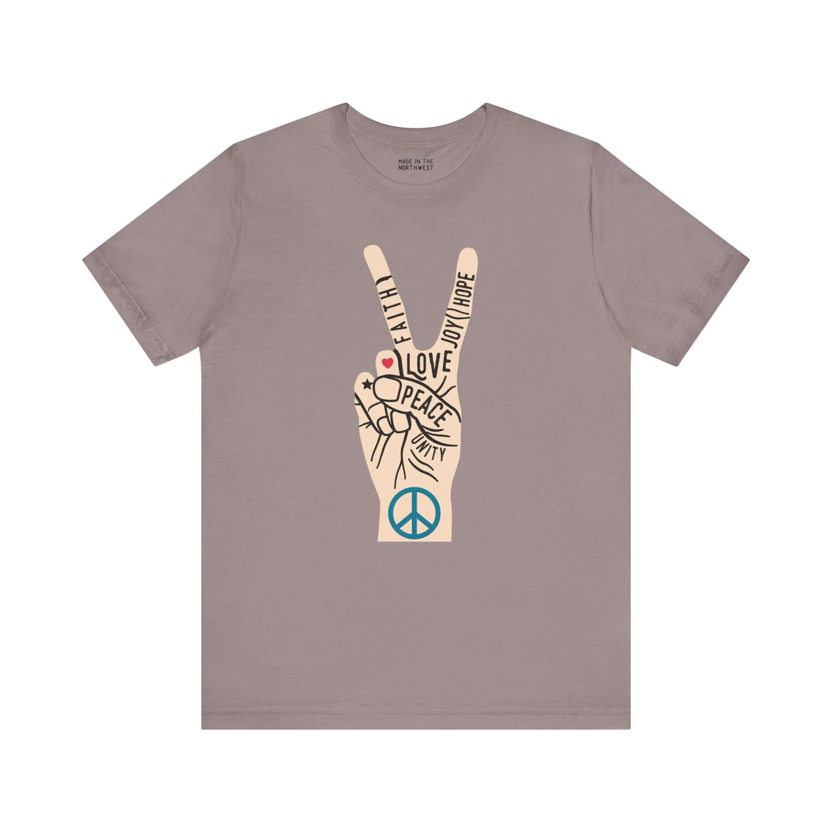 Power in Peace Premium Soft Tee featuring a peace sign with uplifting words like faith, love, and unity.