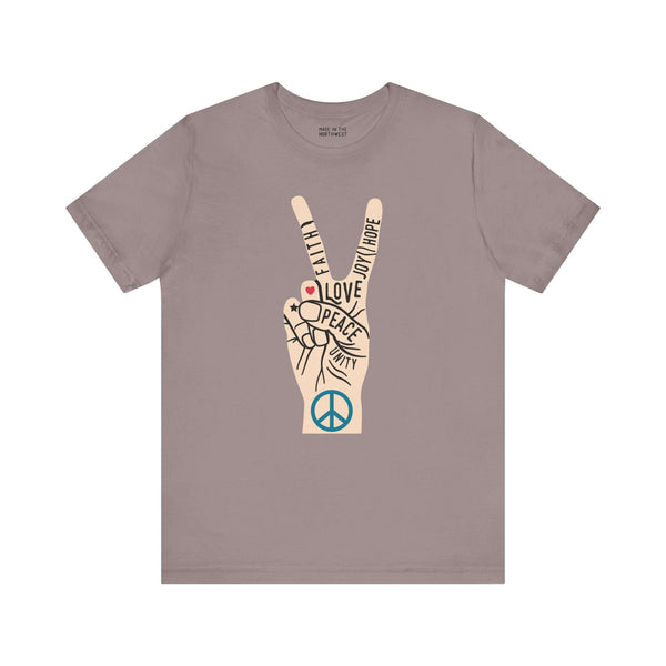 Power in Peace Premium Soft Tee featuring a peace sign with uplifting words like faith, love, and unity.