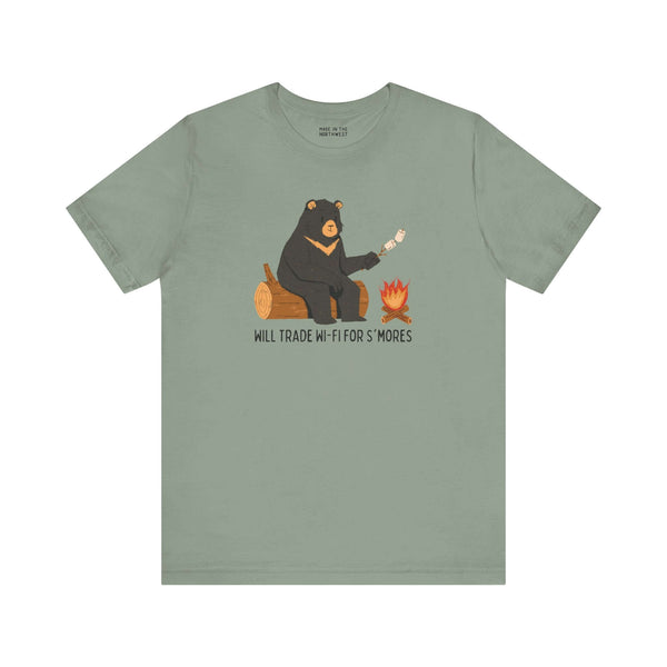 Will Trade Wi-Fi for S'mores tee featuring a bear roasting marshmallows by a campfire, perfect for outdoor enthusiasts.