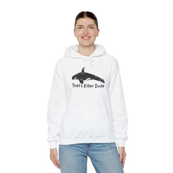 Woman wearing That's Killer Dude Orca Hoodie featuring a killer whale design, perfect for marine life lovers.