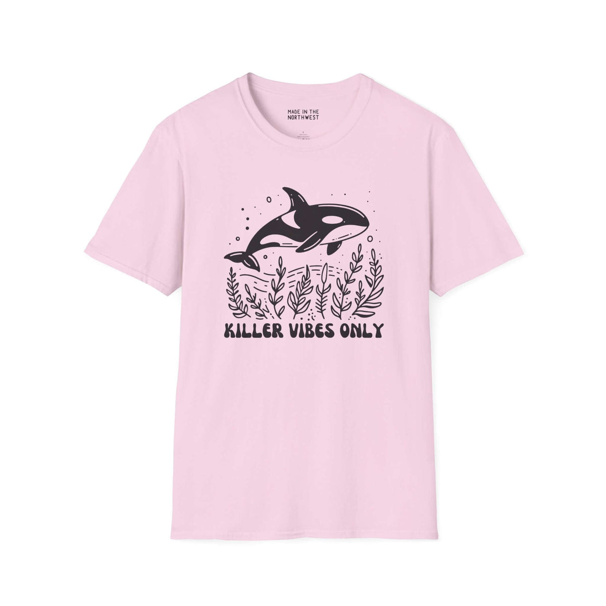 Killer Vibes Only orca whale graphic on a soft pink t-shirt, perfect for ocean lovers.