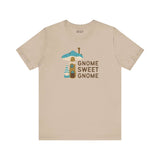 Gnome Sweet Gnome house tee featuring a cute gnome and mushroom design, perfect for woodland whimsy enthusiasts.