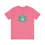 Pink tee with a green marijuana leaf and 