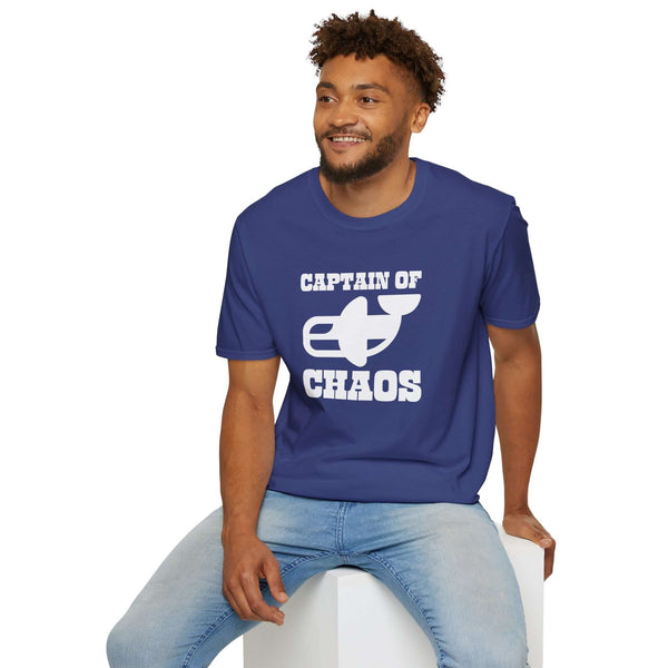Blue Captain of Chaos Orca Softstyle T-Shirt worn by a smiling man, showcasing playful orca design and fun text.