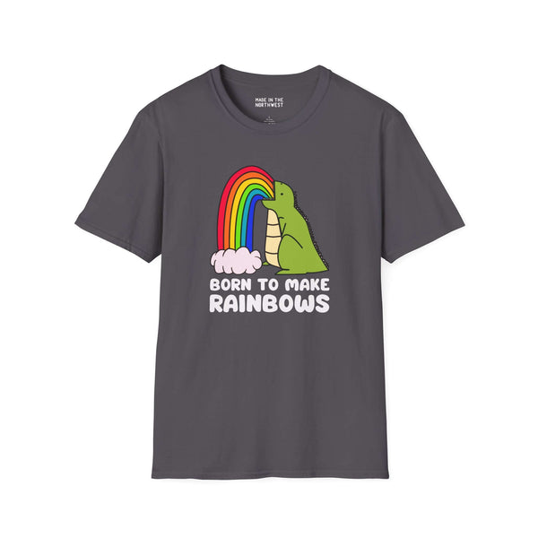 Born to Make Rainbows dinosaur t-shirt featuring a colorful rainbow design on a gray background.
