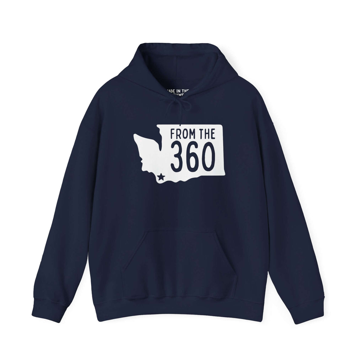 Navy blue hoodie with 'FROM THE 360' text and Washington state silhouette, celebrating Vancouver pride.