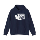 Navy blue hoodie with 'FROM THE 360' text and Washington state silhouette, celebrating Vancouver pride.