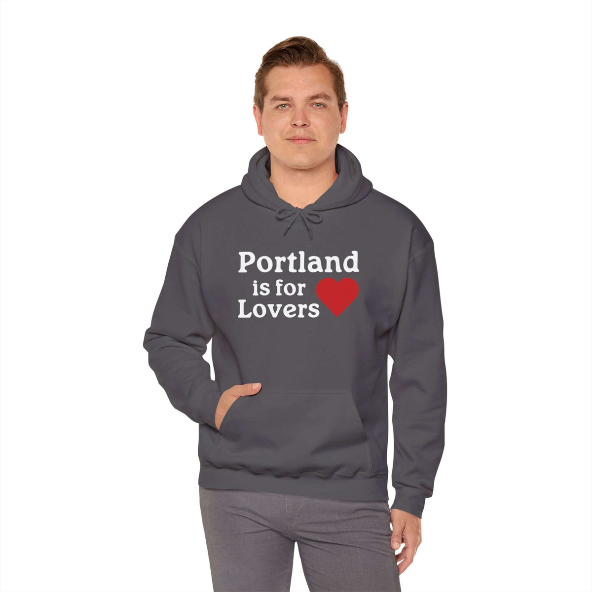 "Man wearing Portland is for Lovers hoodie in gray, celebrating Rose City charm."