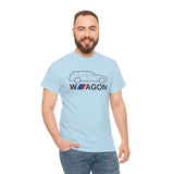 Man wearing a light blue T-shirt with a BMW wagon silhouette and 