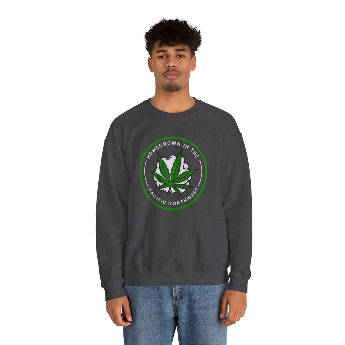 Model wearing Homegrown Vibes PNW Edition sweatshirt featuring a marijuana leaf design.