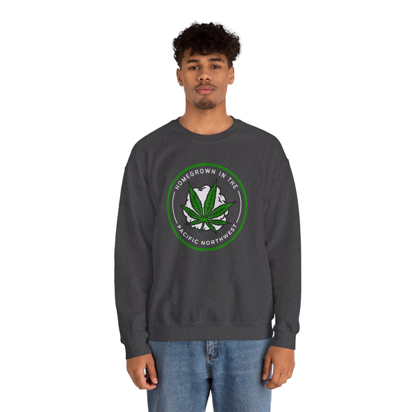 Model wearing Homegrown Vibes PNW Edition sweatshirt featuring a marijuana leaf design.