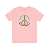 Choose Peace and Flowers Premium Soft Tee with green peace sign and colorful flowers on pink shirt.