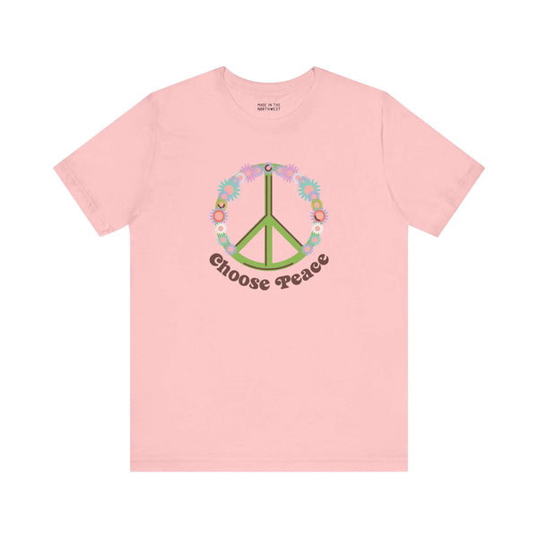 Choose Peace and Flowers Premium Soft Tee with green peace sign and colorful flowers on pink shirt.