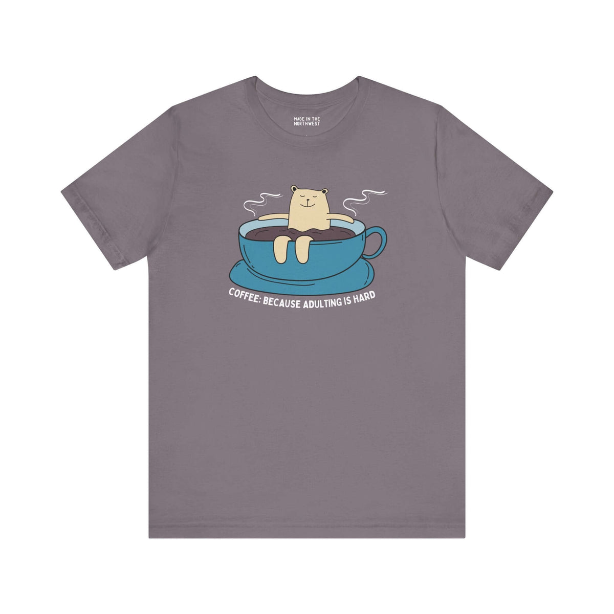 Coffee Because Adulting is Hard Premium Soft Tee with a cartoon bear in a coffee cup design.