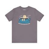 Coffee Because Adulting is Hard Premium Soft Tee with a cartoon bear in a coffee cup design.