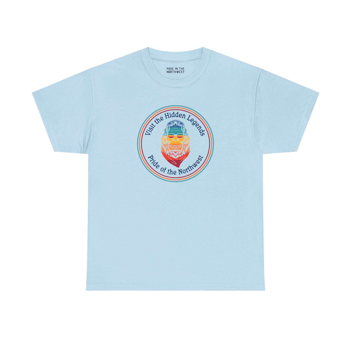 Light blue athletic tee featuring 'Visit the Hidden Legends' graphic, celebrating Pacific Northwest culture.