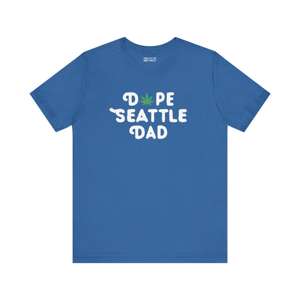 Dope Seattle Dad blue tee shirt featuring a marijuana leaf graphic for cool dads in Washington.