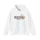 White hoodie with 'Death Before Decaf' print and skull coffee mug design, perfect for coffee lovers.