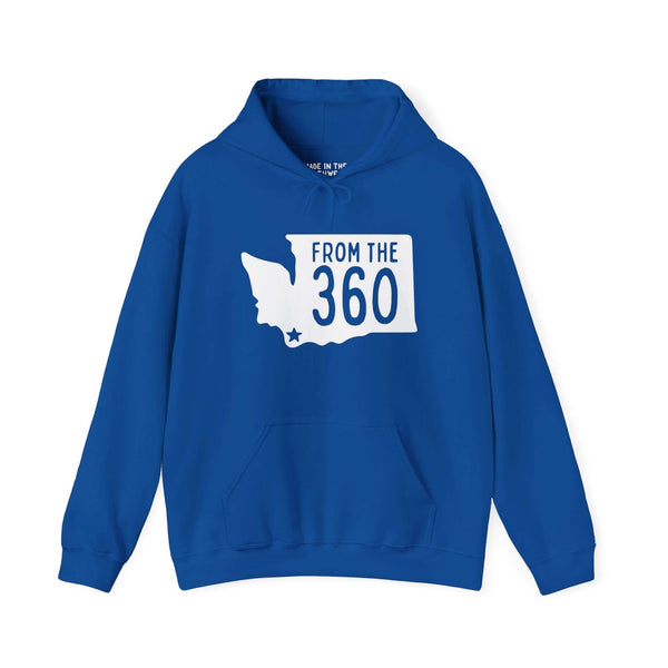 Blue "From the 360" hoodie with Washington state silhouette and Vancouver star. Represent your area code with pride.