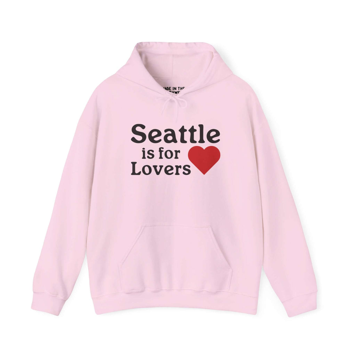 Pink hoodie with "Seattle is for Lovers" and red heart design, celebrating the charm and culture of Seattle.