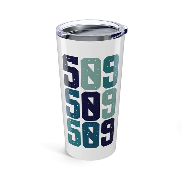 509 Area Code Coffee Tumbler with blue 509 design, perfect for hot or cold beverages.