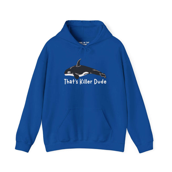 That's Killer Dude Orca Hoodie in blue, featuring a killer whale design for marine life lovers.