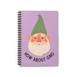 How About Gno spiral notebook featuring a grumpy gnome character on a lavender background.