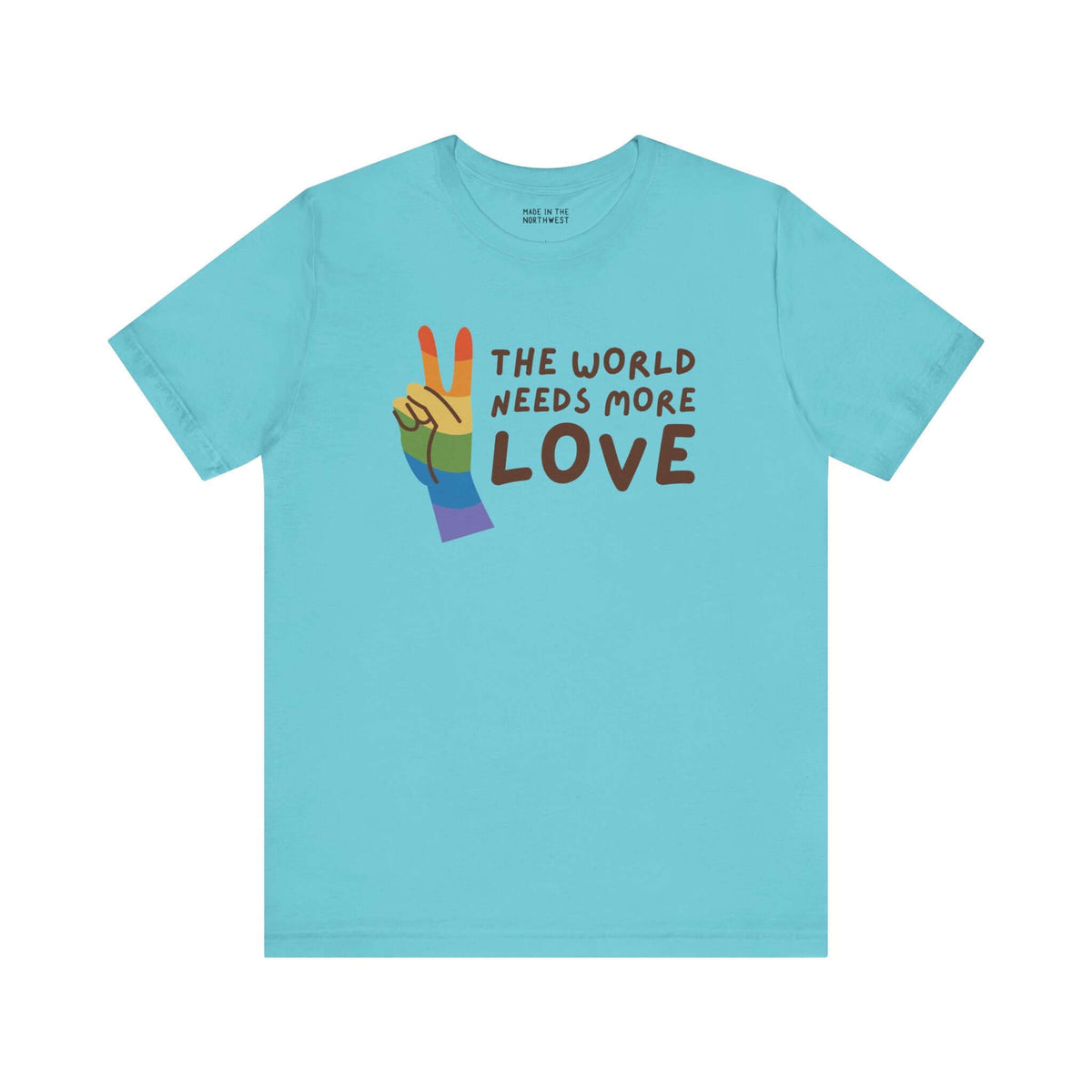 Blue premium tee featuring 'The World Needs More Love' design with a rainbow peace sign.
