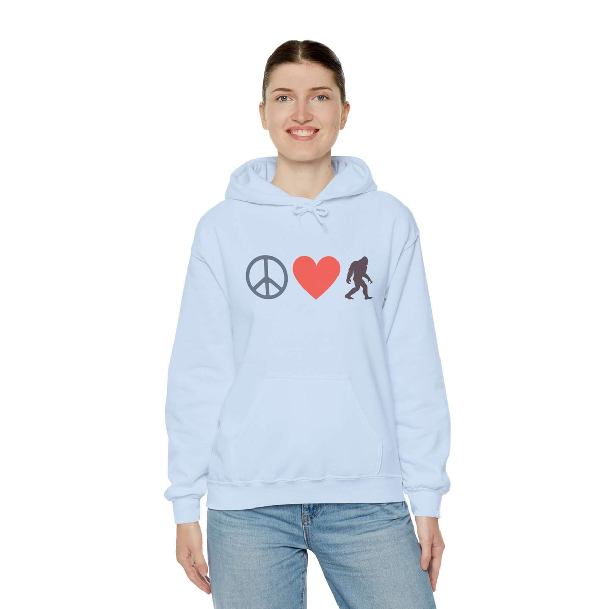 Light blue hoodie featuring peace sign, heart, and Bigfoot design for a fun and unique style.