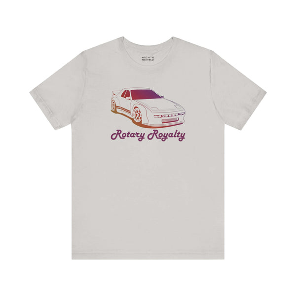 Rotary Royalty JDM car enthusiast tee featuring a Mazda RX-7 graphic design.