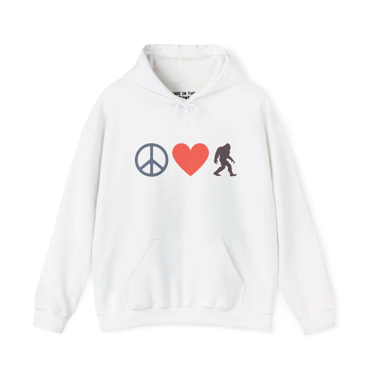 White hoodie featuring peace sign, heart, and Bigfoot graphic, ideal for spreading good vibes and cryptid curiosity.