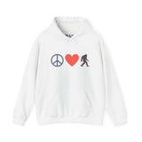 White hoodie featuring peace sign, heart, and Bigfoot graphic, ideal for spreading good vibes and cryptid curiosity.