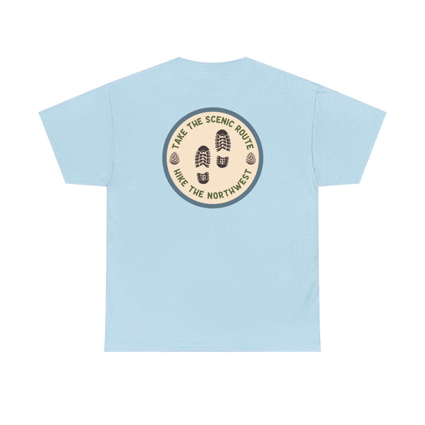 Light blue hiking tee with "Take the Scenic Route - Hike the Northwest" print on the back, ideal for outdoor enthusiasts.