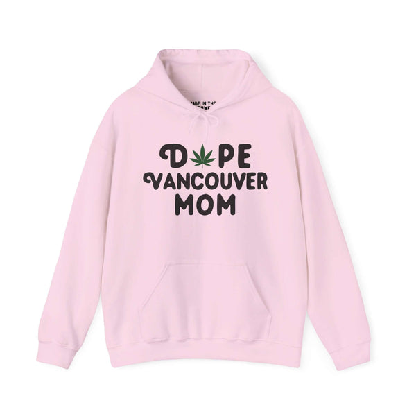 Pink Dope Vancouver Mom hoodie with marijuana leaf design replacing "O" in Dope, showcasing local style pride.