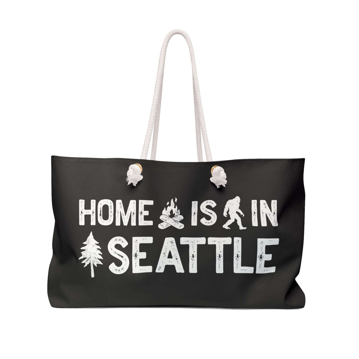 Home is in Seattle weekender bag with rope handles and design featuring a tree and campfire.