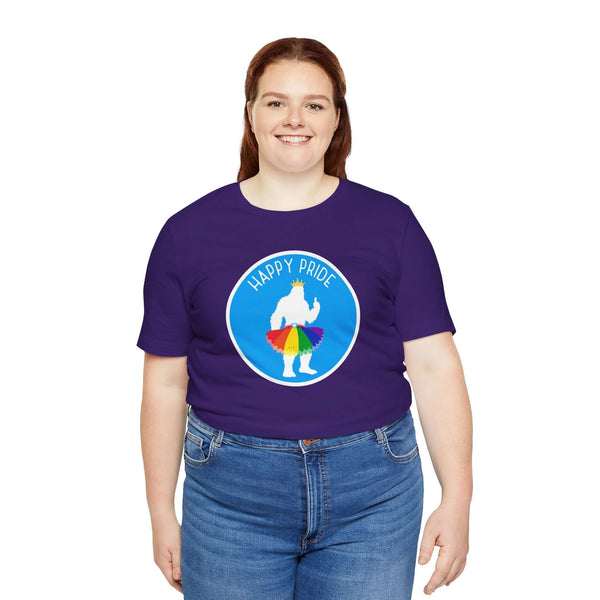 Bigfoot wearing a rainbow tutu on a purple tee celebrating Pride, perfect for festive events and everyday wear.