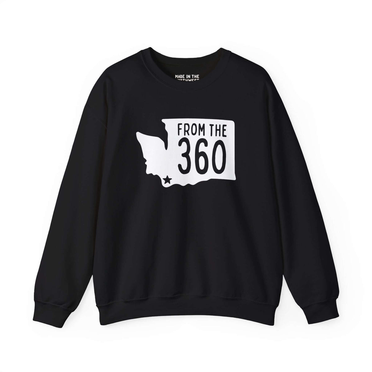 Black sweatshirt with "From the 360" design, featuring Washington state silhouette and star marking Vancouver, representing local pride.