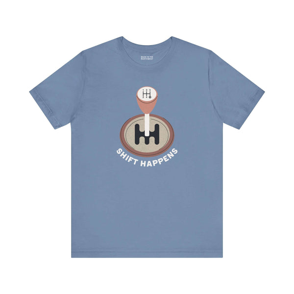 Shift Happens T Shirt featuring a manual gearshift print on a blue tee, perfect for car enthusiasts.