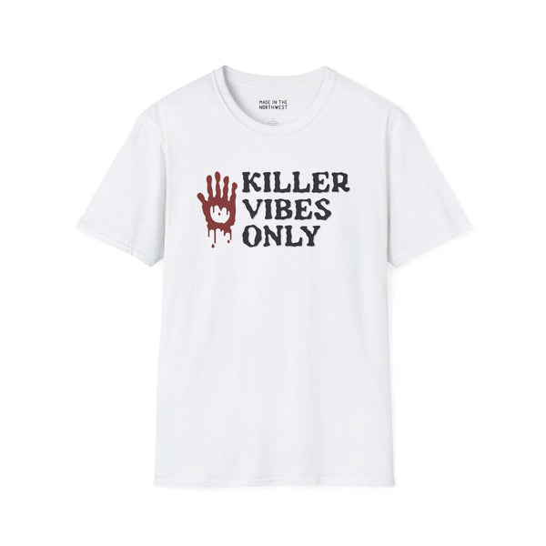Killer Vibes Only True Crime Softstyle T-Shirt with a blood handprint design, perfect for true crime fans.