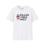 Killer Vibes Only True Crime Softstyle T-Shirt with a blood handprint design, perfect for true crime fans.