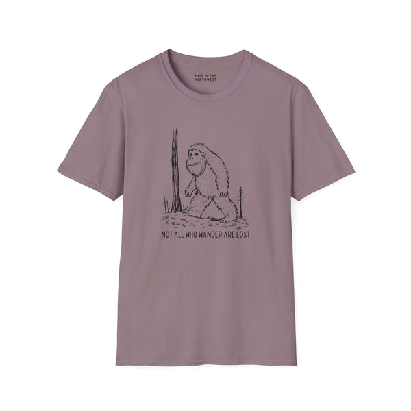 Not All Who Wander Are Lost Bigfoot Softstyle T-Shirt featuring Sasquatch graphic design on soft fabric.