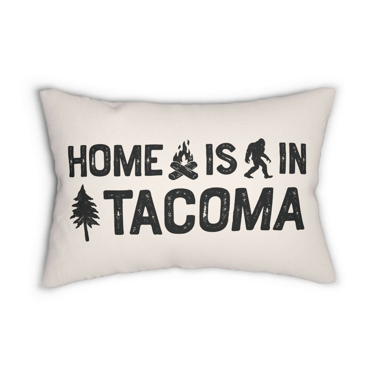 Home Is in Tacoma Pillow featuring bold design with campfire, Bigfoot, and tree accents for PNW charm.