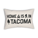 Home Is in Tacoma Pillow featuring bold design with campfire, Bigfoot, and tree accents for PNW charm.