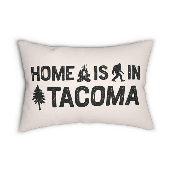 Home Is in Tacoma Pillow featuring bold design with campfire, Bigfoot, and tree accents for PNW charm.