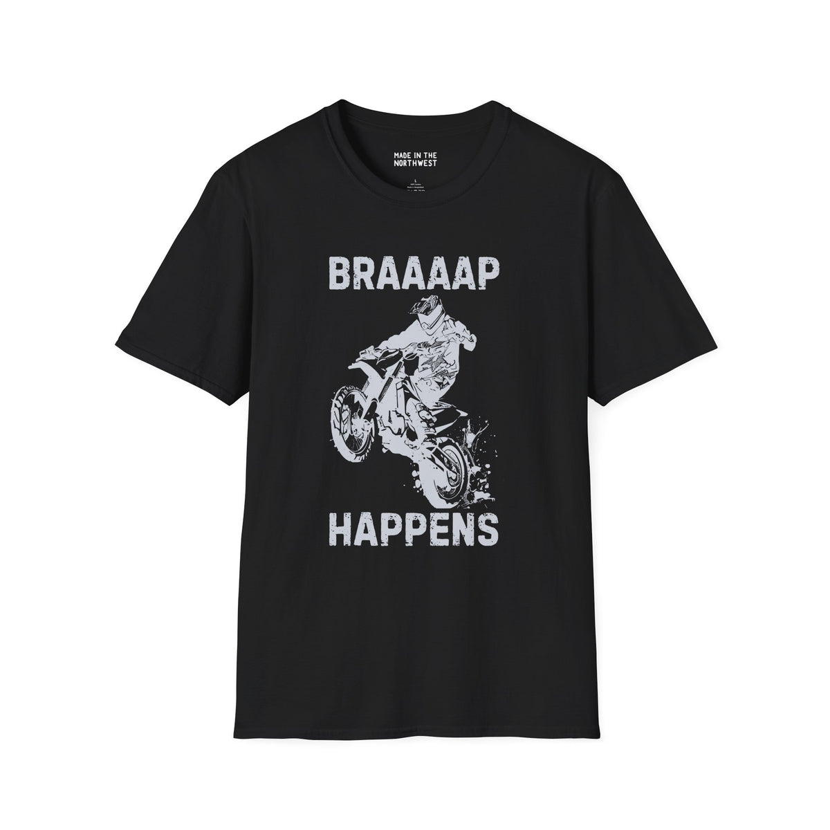 Braaaap Happens motocross softstyle t-shirt in black, featuring a dirt biker and dynamic text design.
