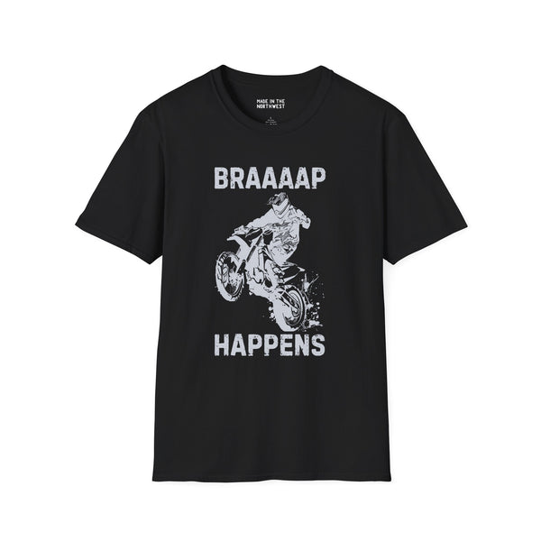 Braaaap Happens motocross softstyle t-shirt in black, featuring a dirt biker and dynamic text design.