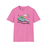 Dink Responsibly T Shirt featuring a pickleball paddle, ball, and martini glass on a pink tee.