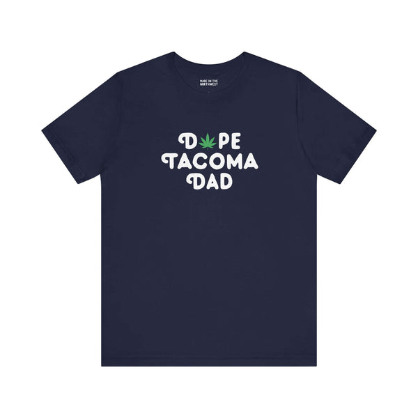 Navy blue Dope Tacoma Dad soft tee featuring playful marijuana leaf design for cool dads in Washington.